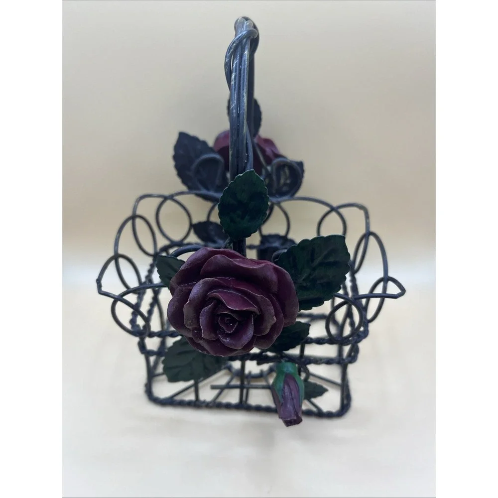 Metal Tole Purple Rose Wire Basket 7.5